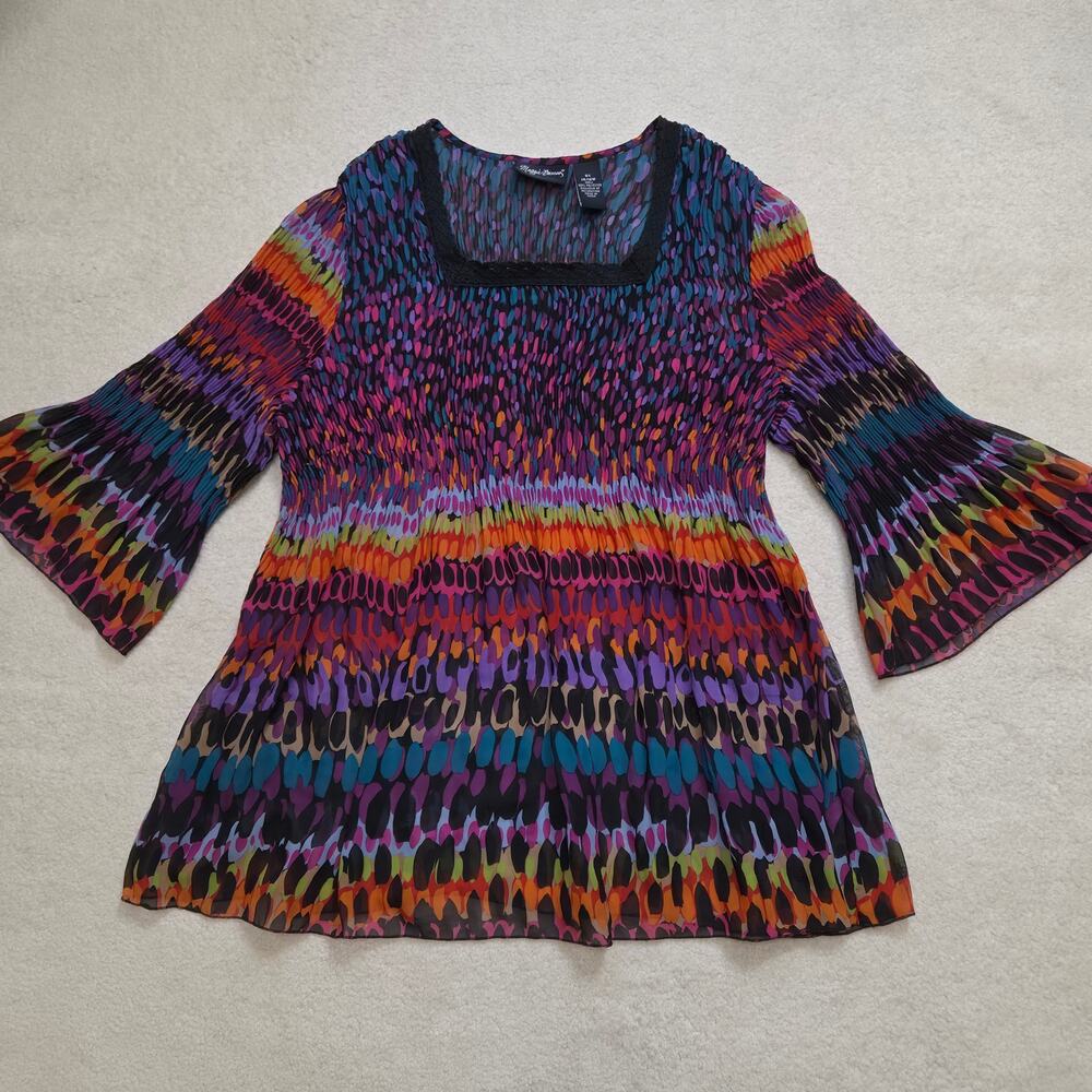Maggie Barnes 0X 14/16W Boho Hippie Chiffon Bell Sleeve Pleated Blouse Top